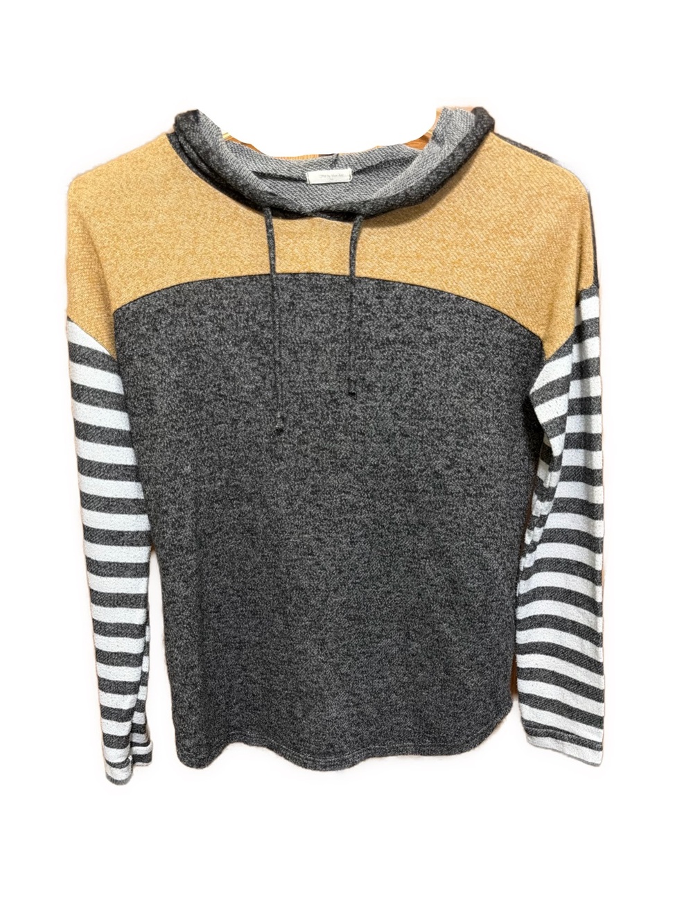 12PM by Mon Ami Medium Striped Hooded Sweatshirt in Gray, Yellow & Cream